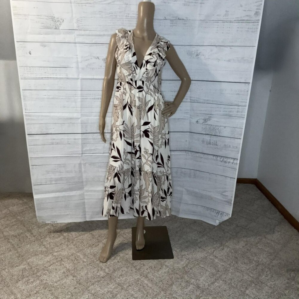 NWOT Brown Ruffled V Neck Leaves Print Midi Dress - Picture 4 of 8